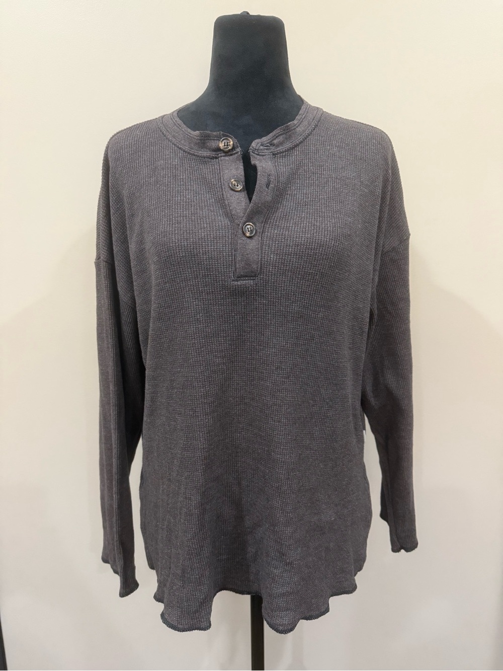 BDG Urban Outfitters Oversized Waffle Knit Henley Top Brown Long Sleeve